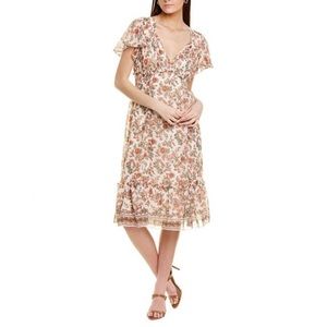 Max Studio Women's Floral Print Smocked V-Neck Flounce Midi Dress Size Small